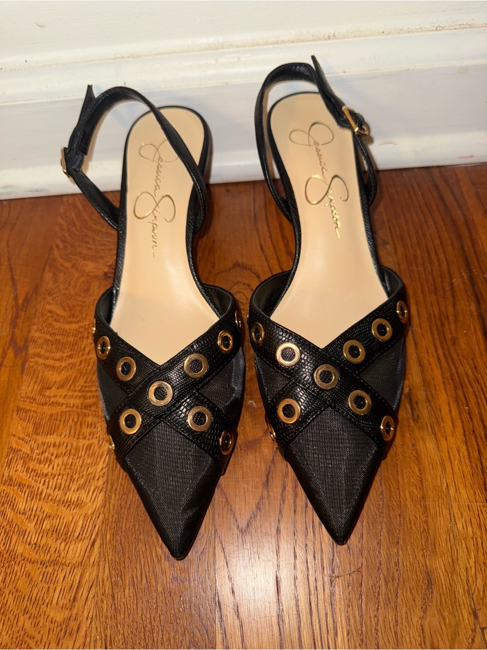 Jessica Simpson Black Pointed Slingback Heels with Gold Eyelet Accents. Size 6.5